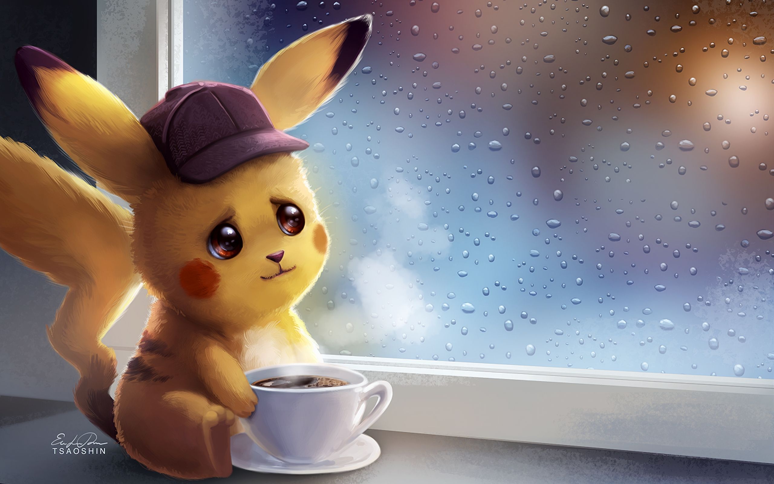 Coffee, Cup, Pikachu, Pokémon, Rain wallpaper