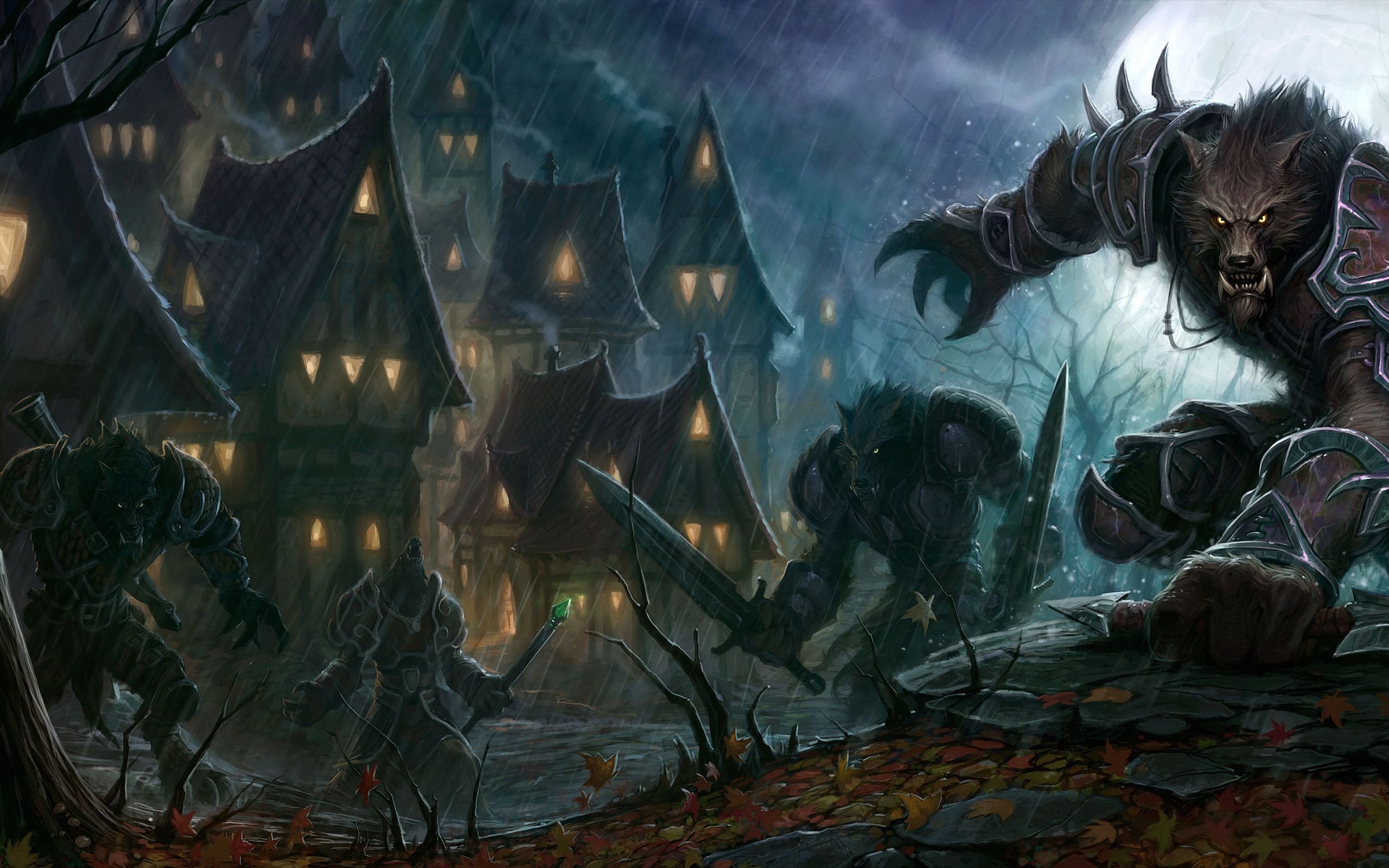 rain, World of Warcraft, houses, moonlight, armor, swords, werewolves wallpaper