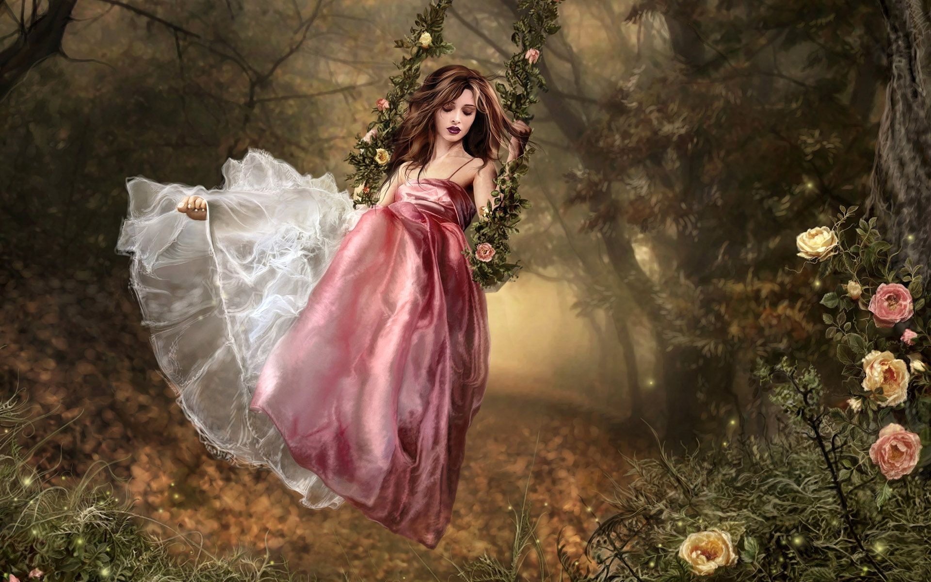 Wallpaper, forest, garden, nature, brunette, grass, dress, swing, spring, tree, autumn, flower, girl, beauty, lady, woodland, computer wallpaper, cg artwork 1920x1200