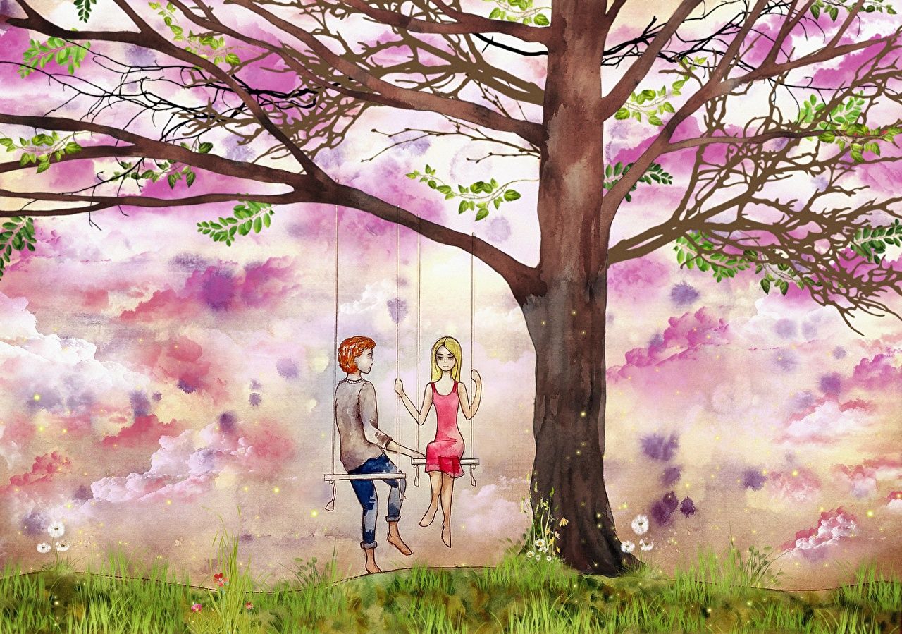 Wallpaper Couples in love Swing Young man Nature female Trees