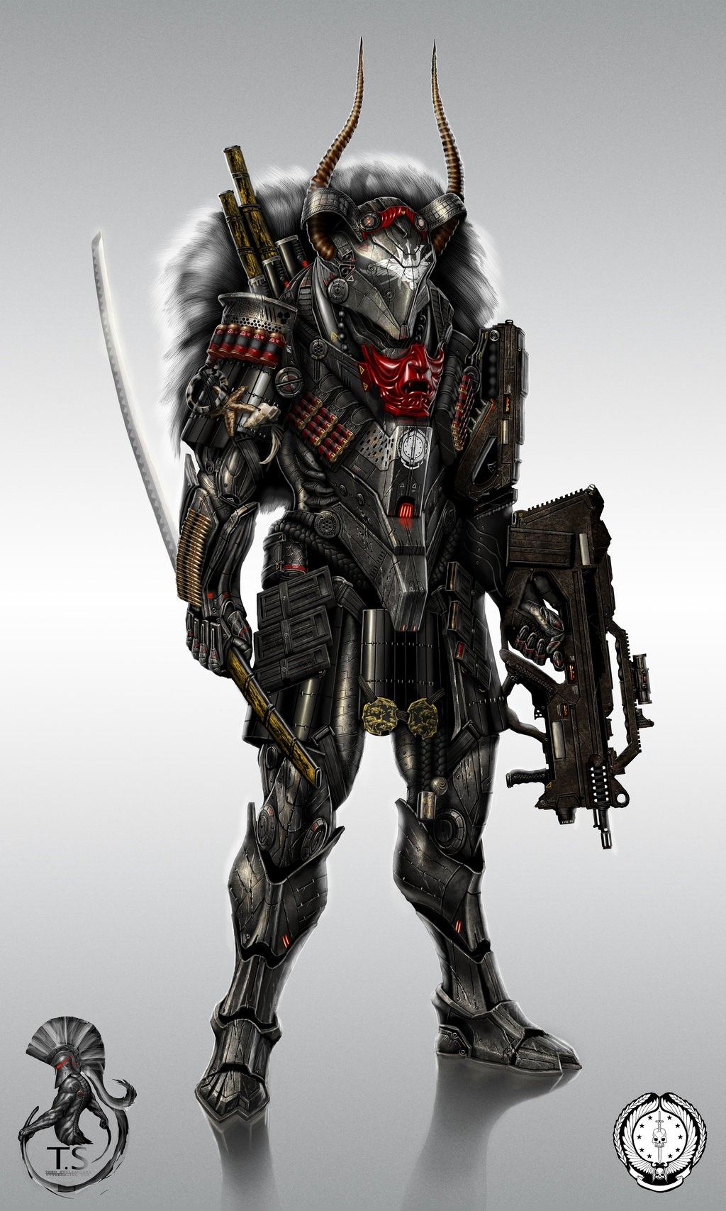 soldiers guns futuristic samurai horns weapons zatichi armor digital art concept art shogun warrio