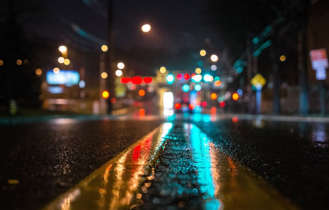 Wallpaper asphalt, macro, light, night, lights, rain, street, Road, bokeh image for desktop, section макро