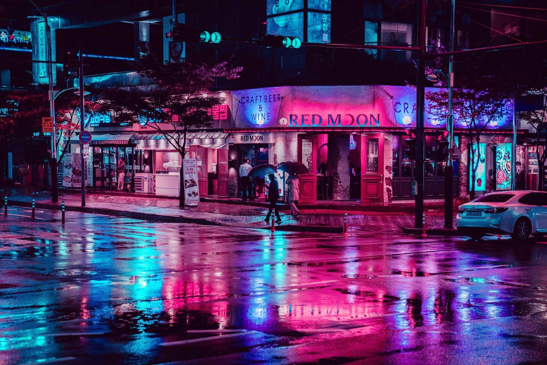 Download 2158x1440 Neon Lights, Urban, Night, After Rain, Reflection, Street Wallpaper