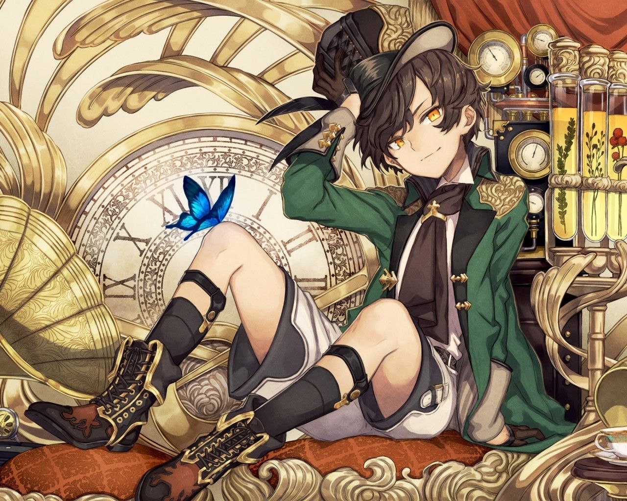 Download 1280x1024 Anime Boy, Boots, Blue Butterfly, Brown Hair, Room Wallpaper