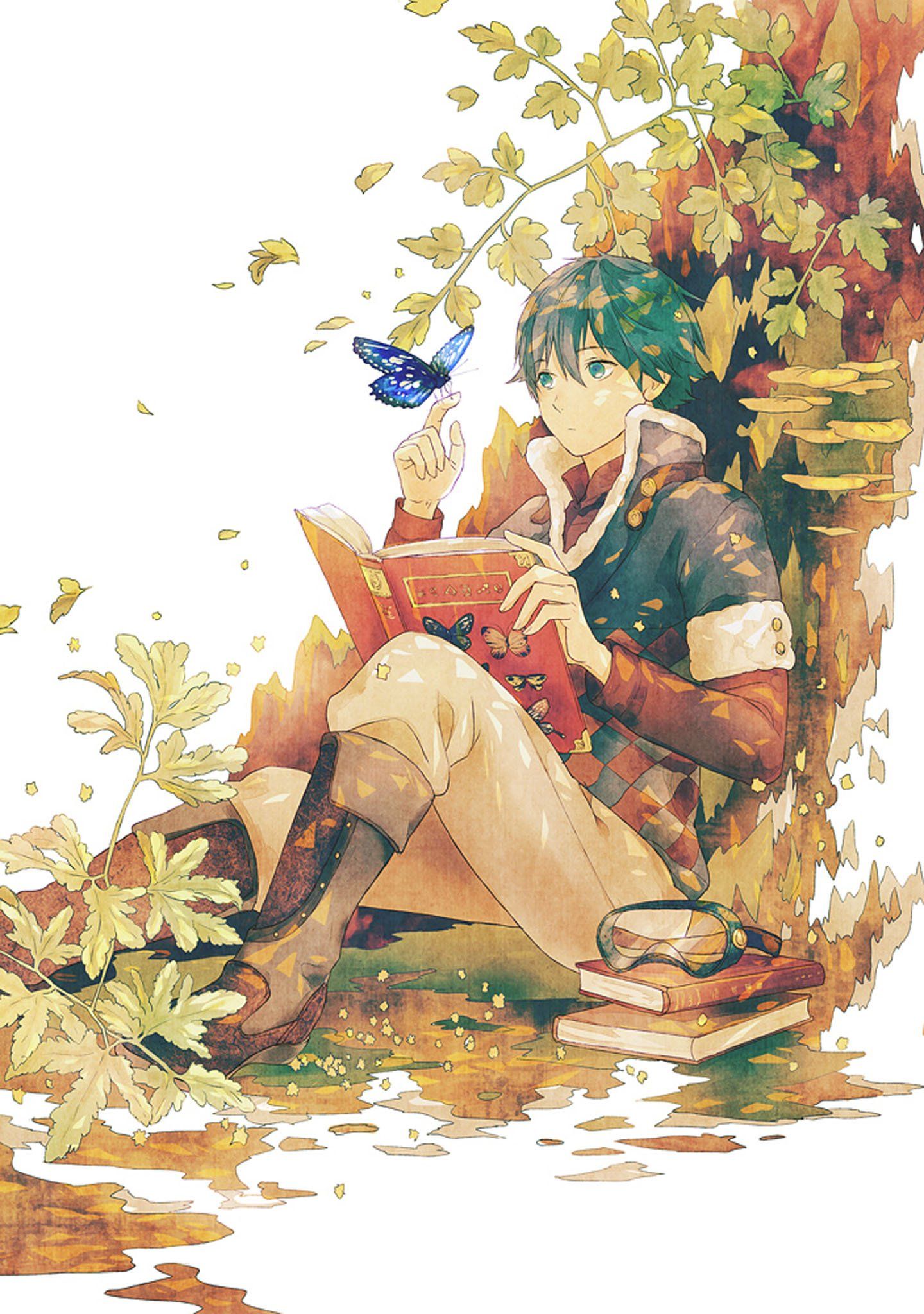 Wallpaper, 1440x2048 px, animal, anime, books, boy, butterfly, flower, tree 1440x2048