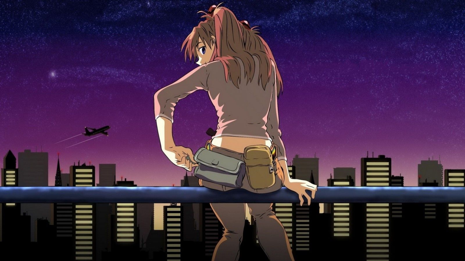 Wallpaper, anime girls, Neon Genesis Evangelion, Asuka Langley Soryu, cartoon, midnight, looking back, screenshot, computer wallpaper 1920x1080