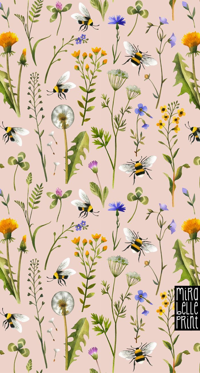 Colorful fabrics digitally printed by Spoonflower And Wildflowers / Blush / Large Scale. Pattern illustration, Flower print pattern, Bee illustration
