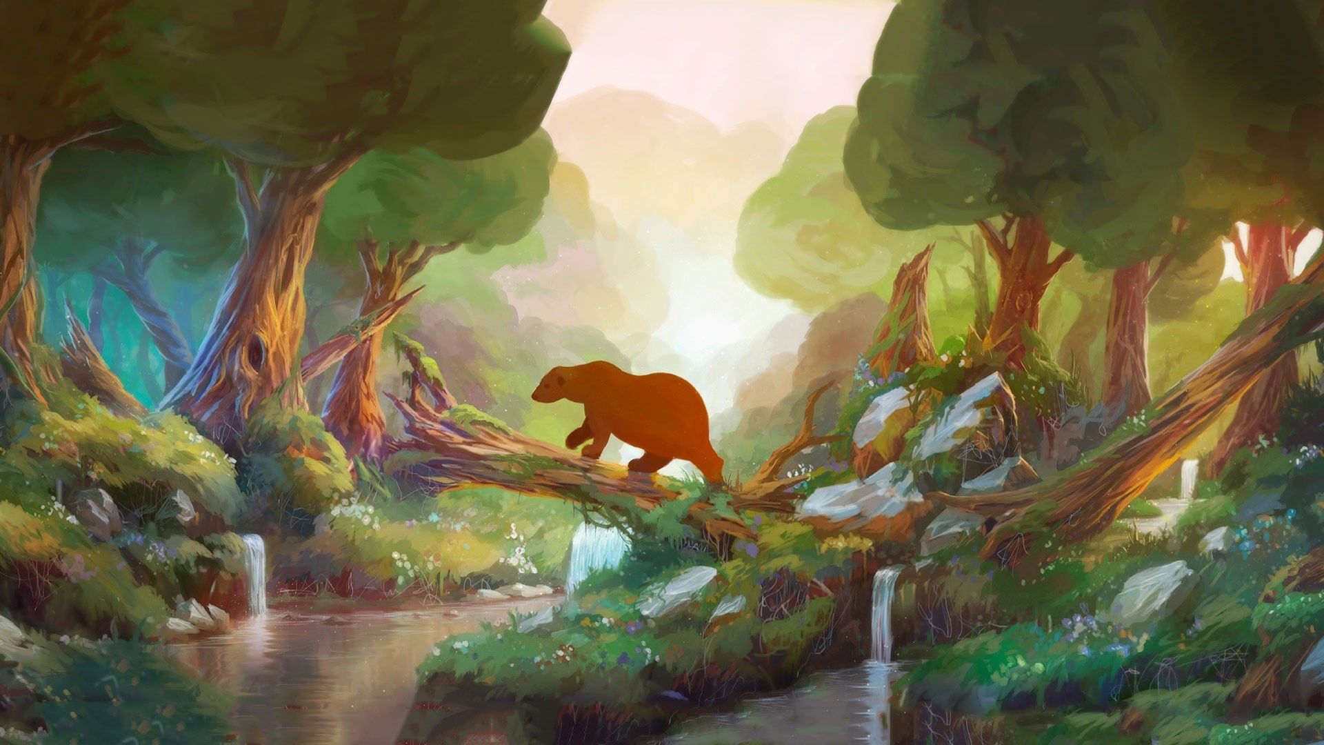 anime, Cartoon, Fantasy, Children, Kids, Art, Paintings, Animals, Bears, Nature, Trees, Forest, Rivers, Stream, Waterfall, Sunlight, Soft Wallpaper HD / Desktop and Mobile Background