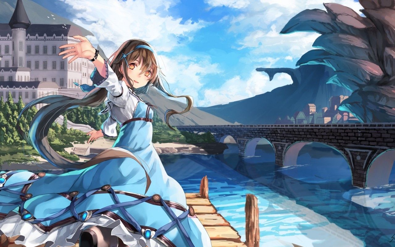 Download 1280x800 Anime Girl, Headband, River, Bridge, Fantasy World, Long Hair, Dress Wallpaper for Motorola Xoom, MacBook Pro 13