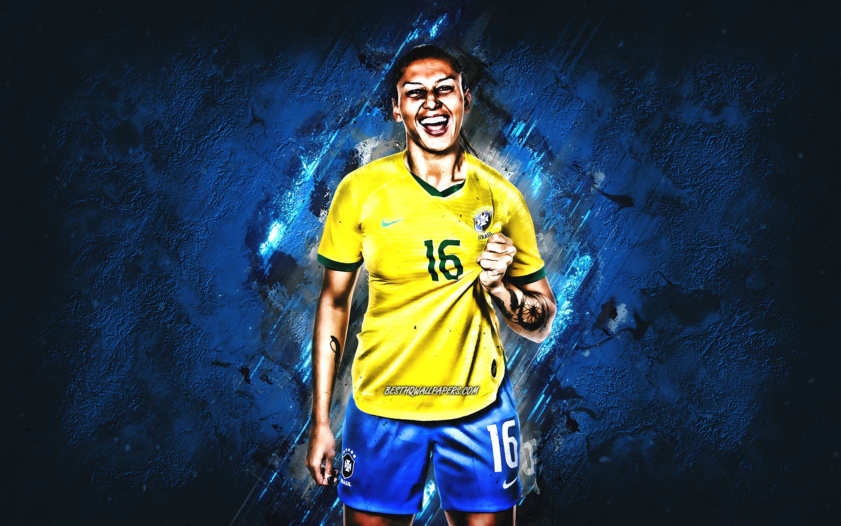 Download wallpaper Beatriz, Brazil womens national football team, portrait, Beatriz Zaneratto Joao, Brazilian soccer player, creative art, football, blue stone background for desktop with resolution 2880x1800. High Quality HD picture wallpaper