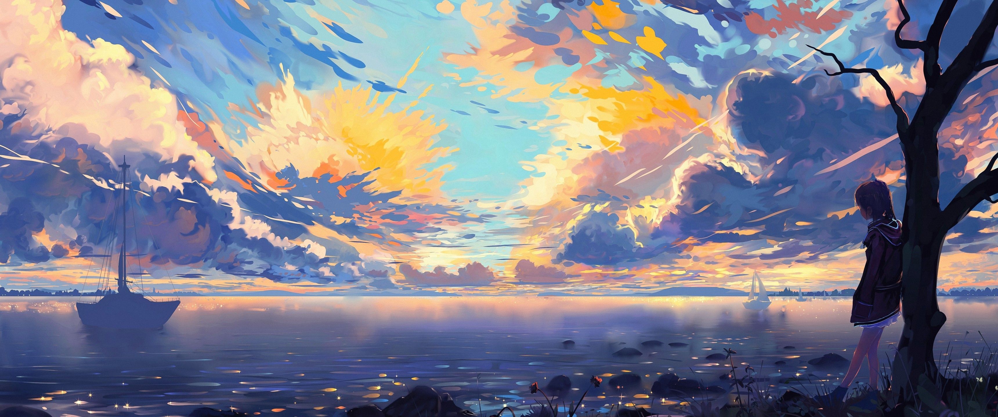 Download 3440x1440 Anime Landscape, Sea, Ships, Colorful, Clouds, Scenic, Tree, Horizon Wallpaper