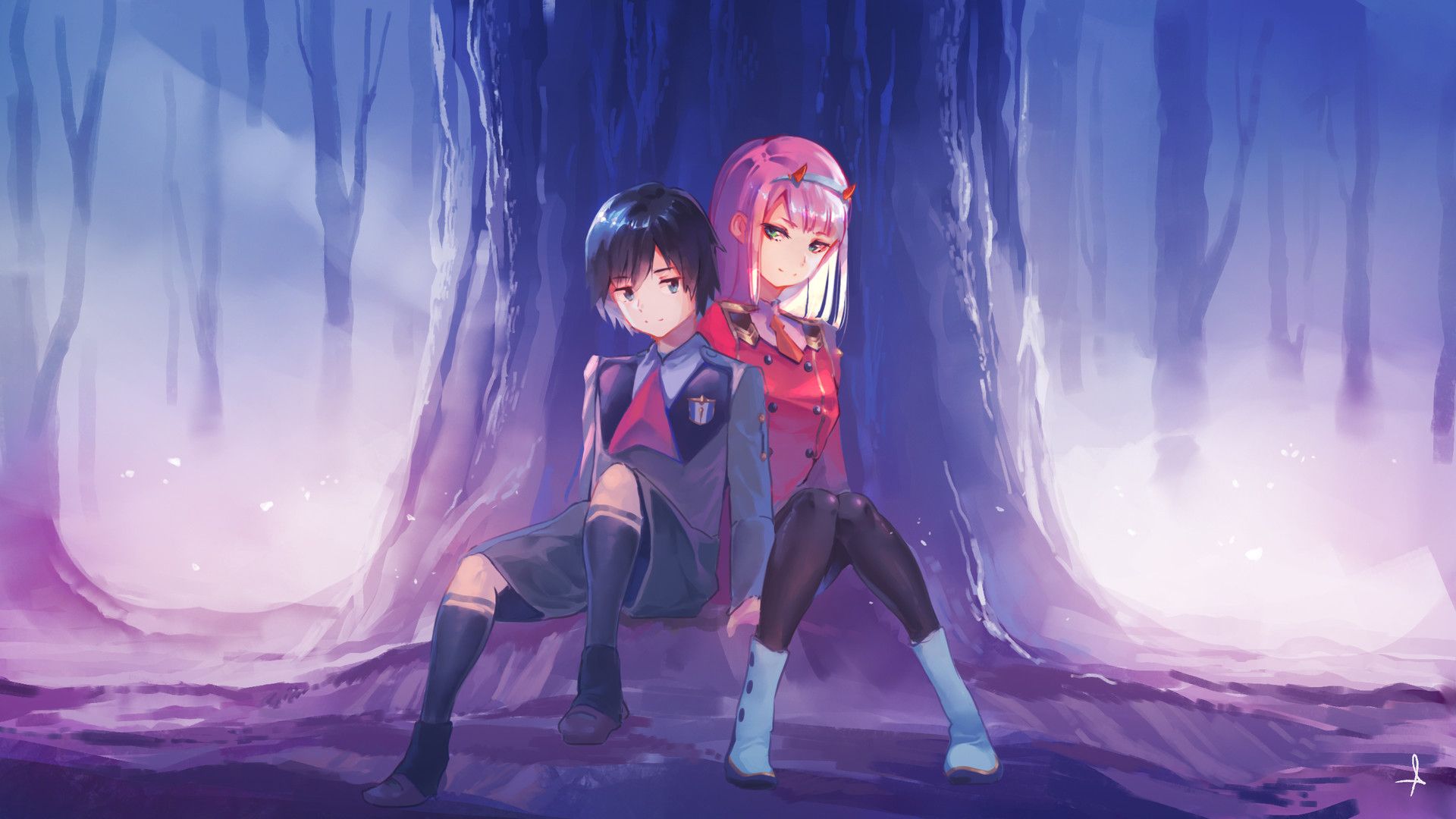 darling in the franxx zero two hiro sitting in front of tree with shallow background of trees HD anime Wallpaper