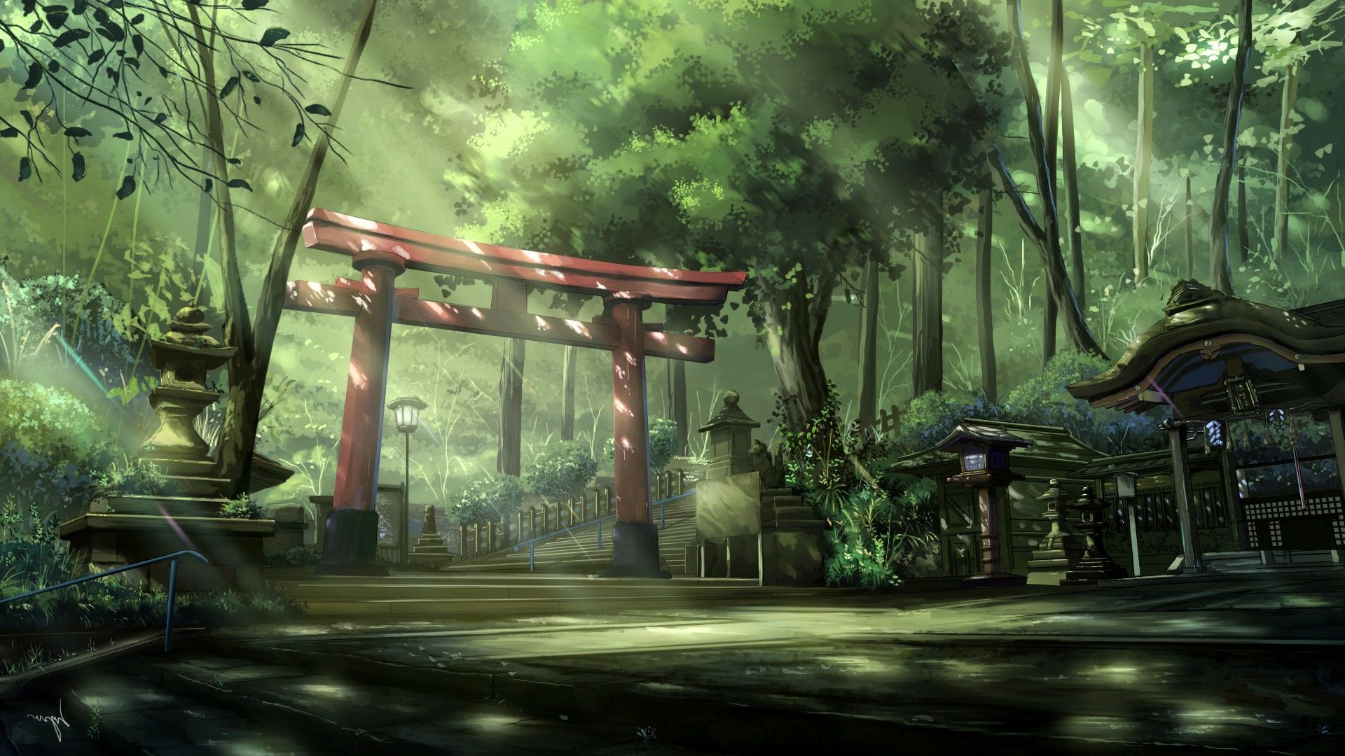 Wallpaper, trees, landscape, Asian architecture, anime, sun rays, torii, jungle, rainforest, steps, tree, screenshot, 1920x1080 px, bayou, computer wallpaper, pc game, biome, old growth forest, cg artwork, visual effects, environmental art