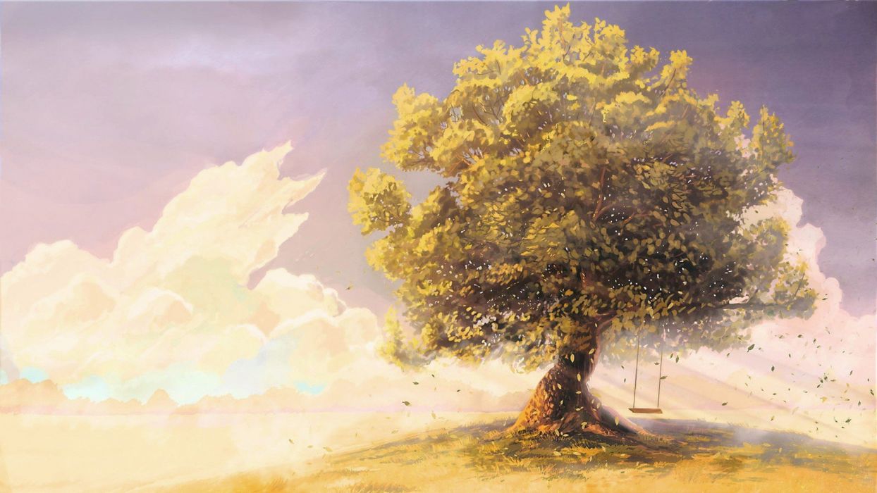 Swings Artwork Drawings Tree Sky Cloud Beautiful Anime Wallpaperx1080