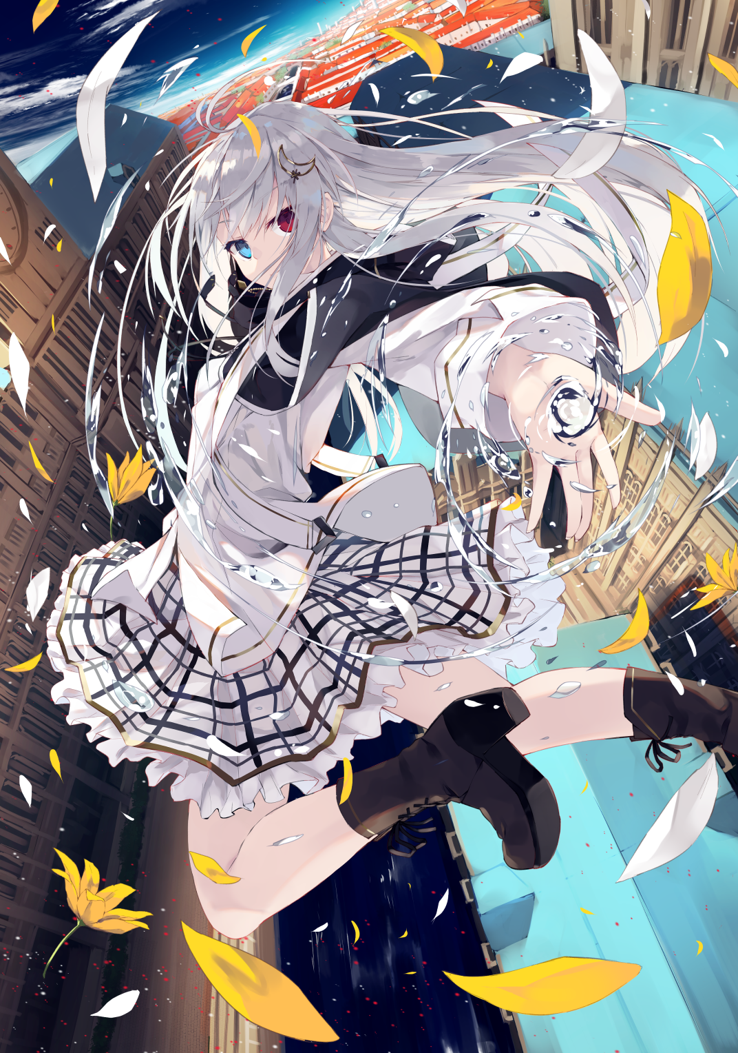 Wallpaper, anime girls, original characters, red eyes, blue eyes, white hair, heterochromia 1072x1528