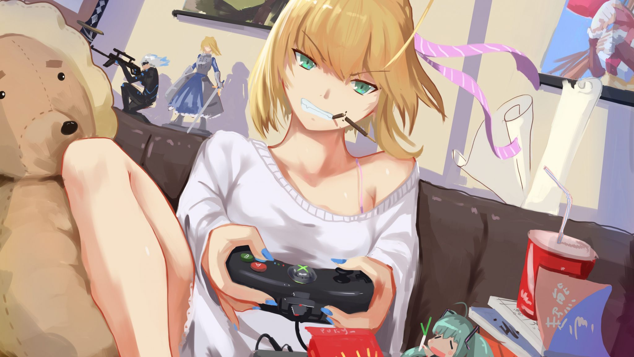 Desktop Wallpaper Saber Lily Playing Game, Blonde Anime Girl, HD Image, Picture, Background, Z88s N