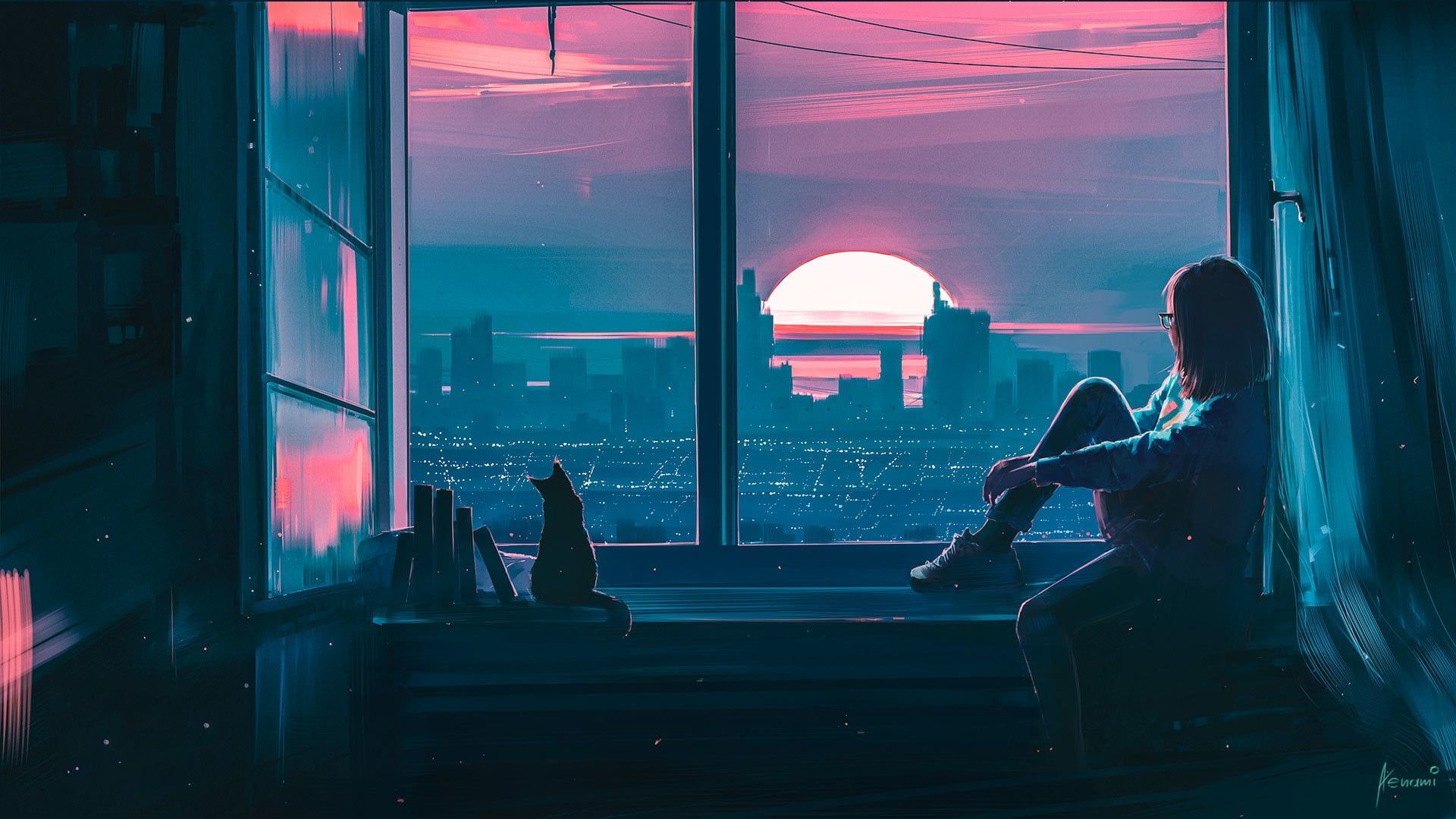 Sunset #Girl The city #Cat #View #Cat #Window #Fantasy #Landscape #Art #Sunset Concept Art #Characters Alena. Scenery wallpaper, Anime wallpaper, Chill wallpaper