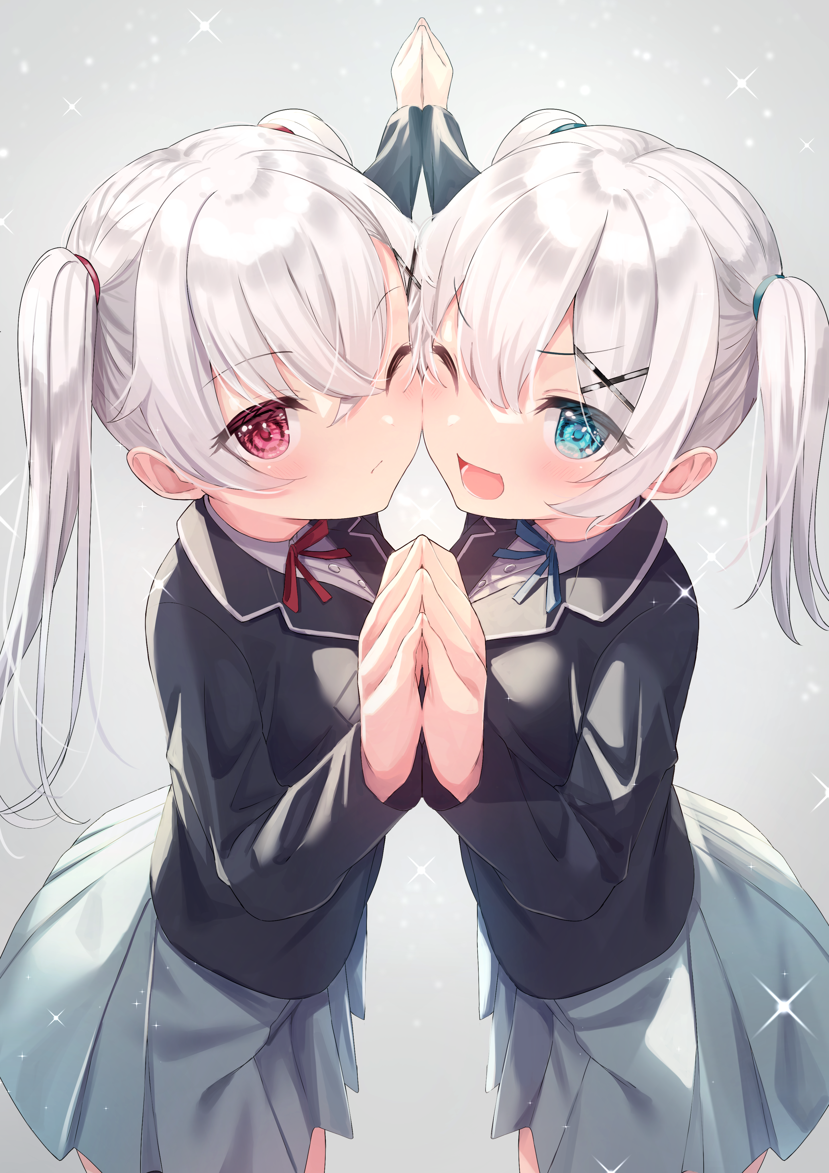 Anime Girls Original Characters Tsukiman Red Eyes Blue Eyes Silver Hair Twintails School Uniform Wallpaper:2894x4093