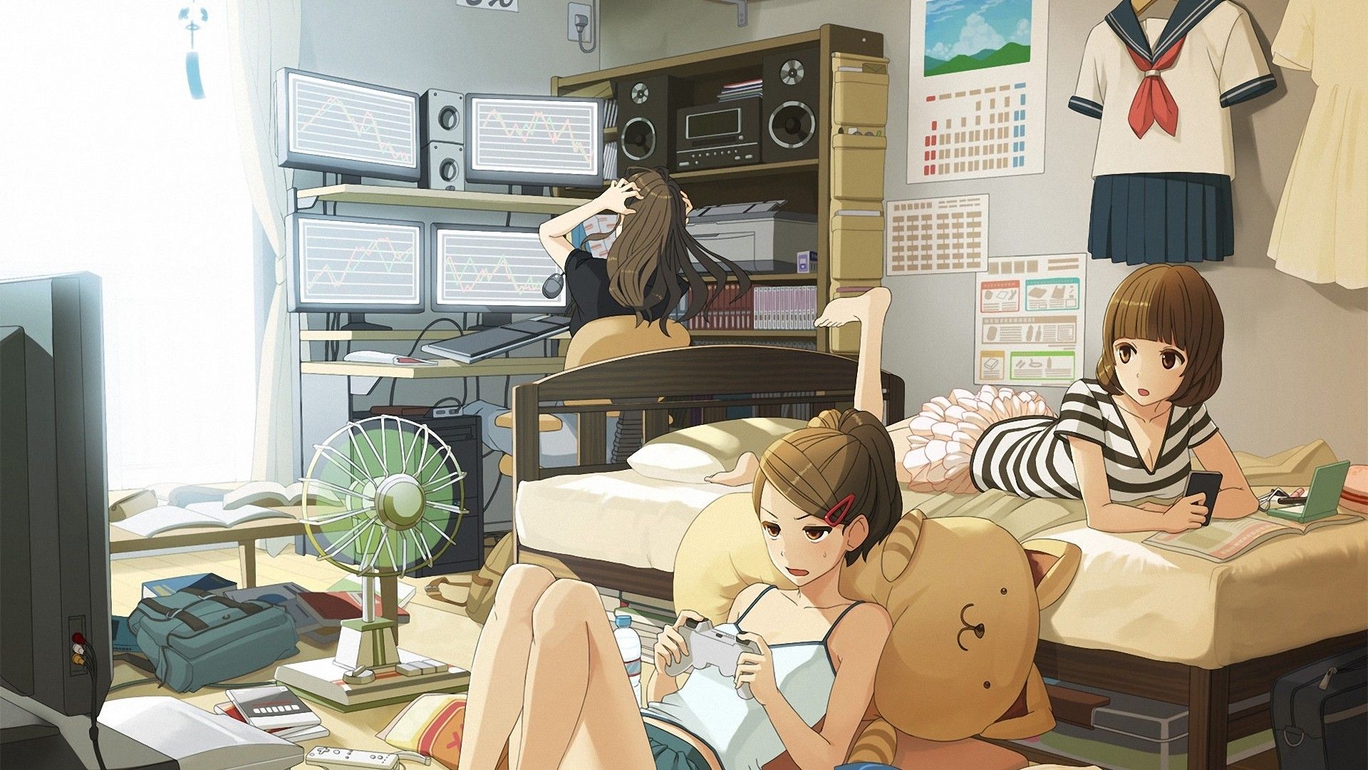 brunette, room, computer, anime, girl, school uniform, playing wallpaper