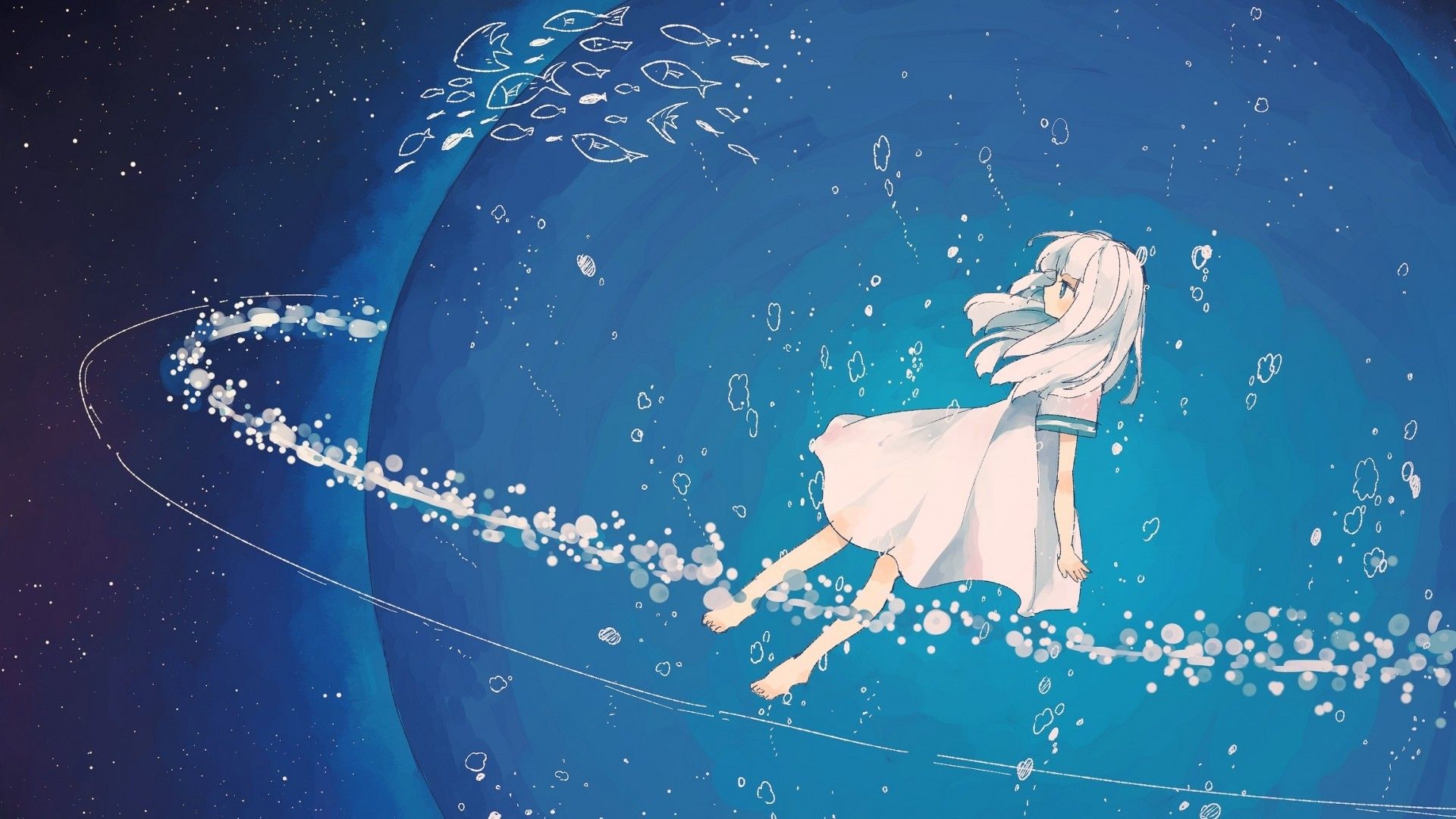 Download 1920x1080 Anime Girl, Floating, Galaxy, Stars, White Dress Wallpaper for Widescreen
