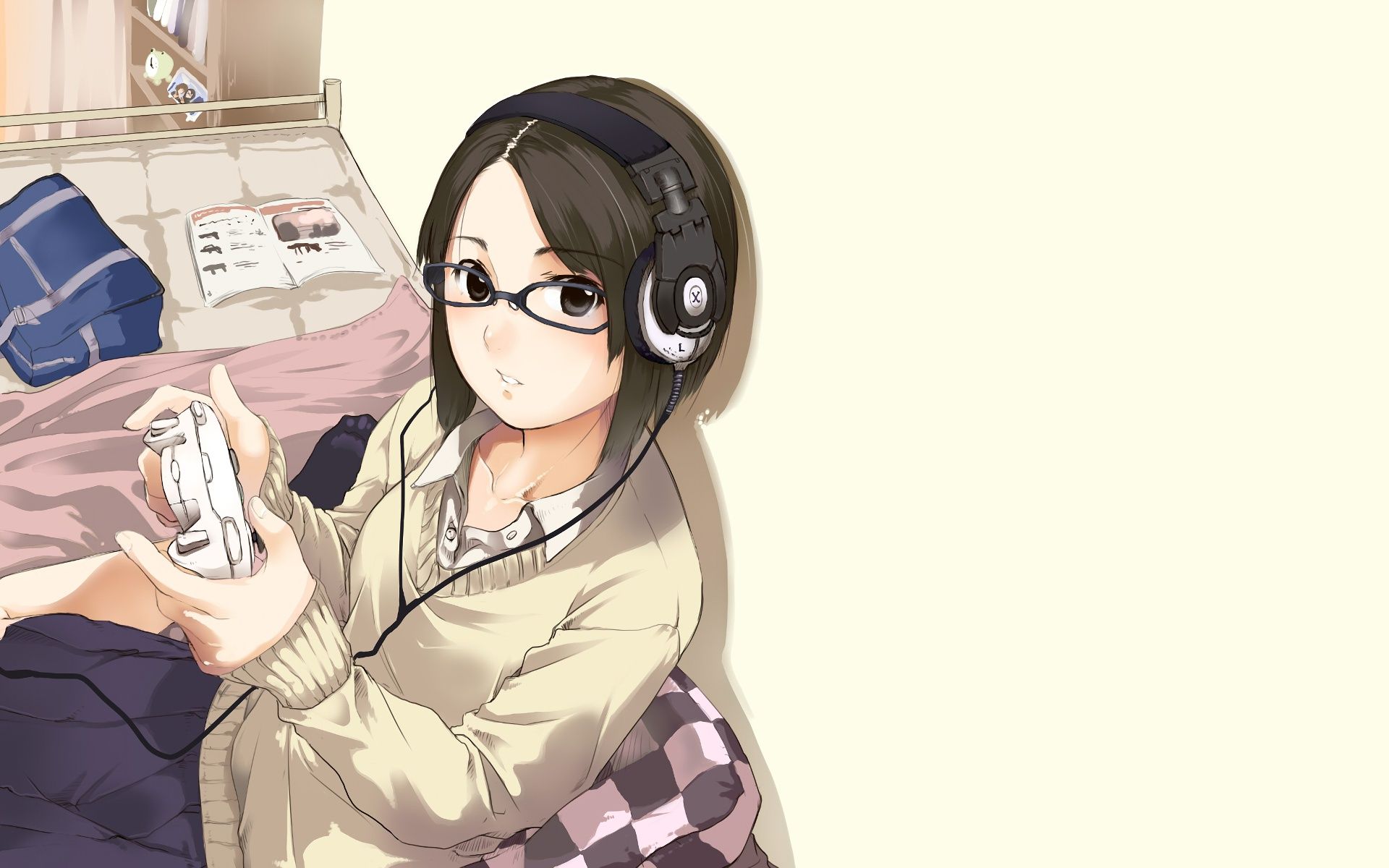 Wallpaper Playing Games, Meganekko, Headphones, Anime Girl, Short Hair, Room