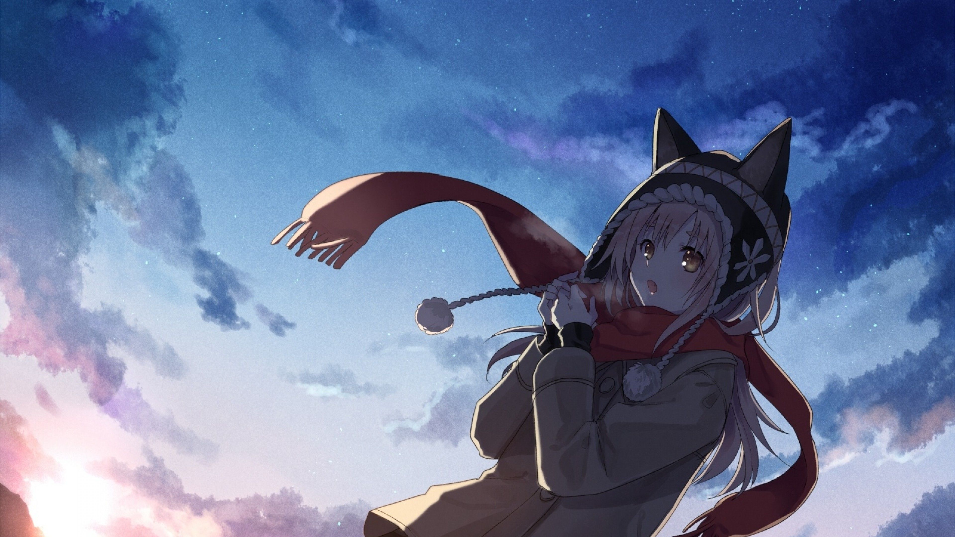 Download 3840x2160 Red Scarf, Anime Girl, Sunset, Sky, Scenic, Cute, Clouds Wallpaper for UHD TV