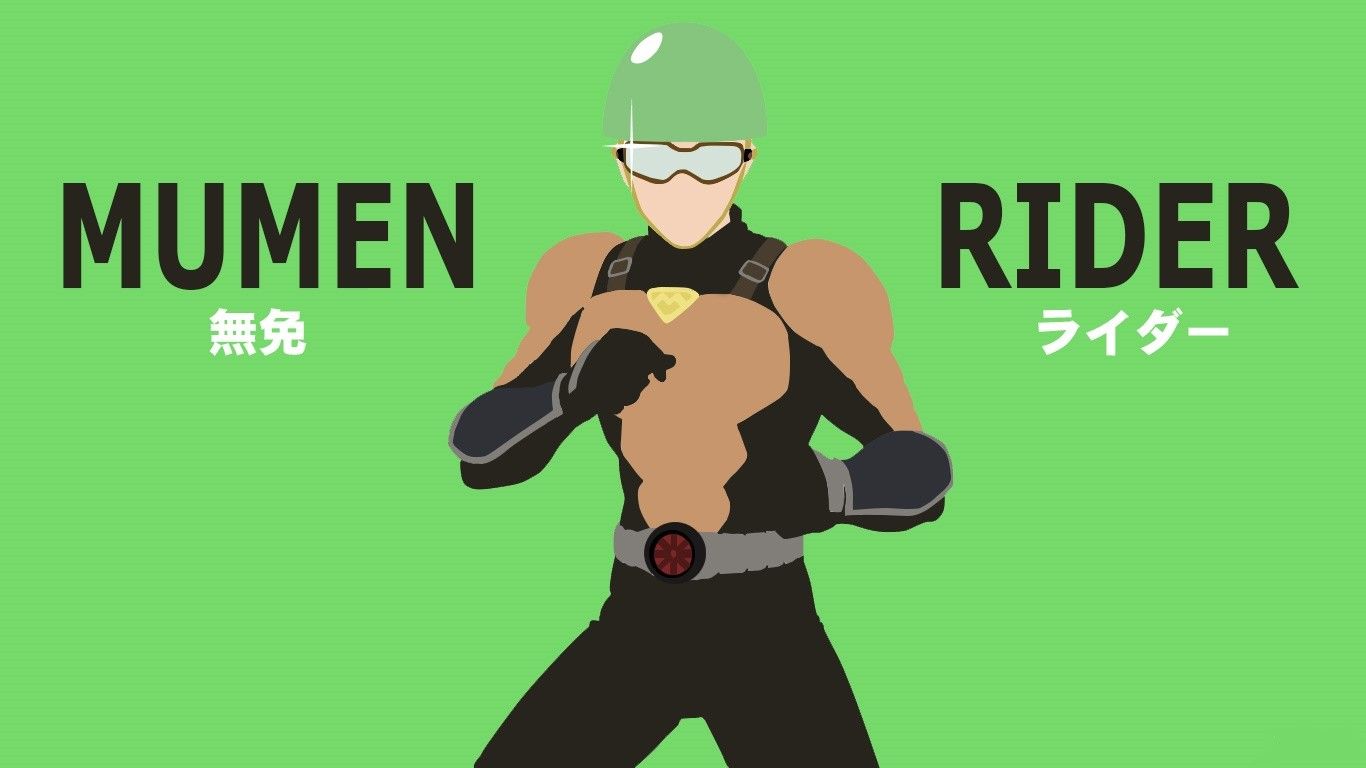 Wallpaper, illustration, cartoon, One Punch Man, brand, Mumen Rider, muscle, font 1366x768