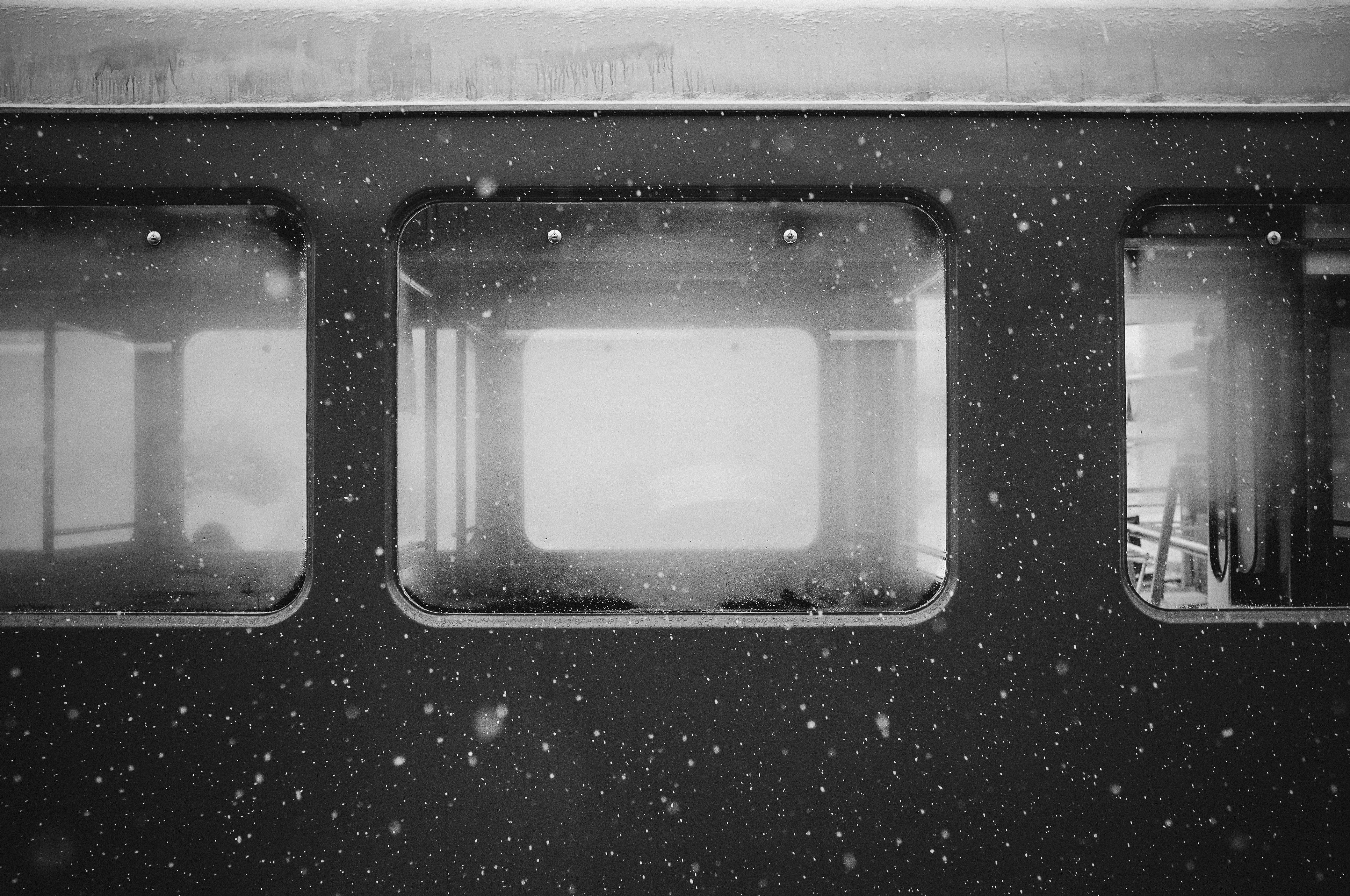 Wallpaper, window, train station, snow flakes, light, lighting, shape, darkness, number, black and white, monochrome photography 4237x2814