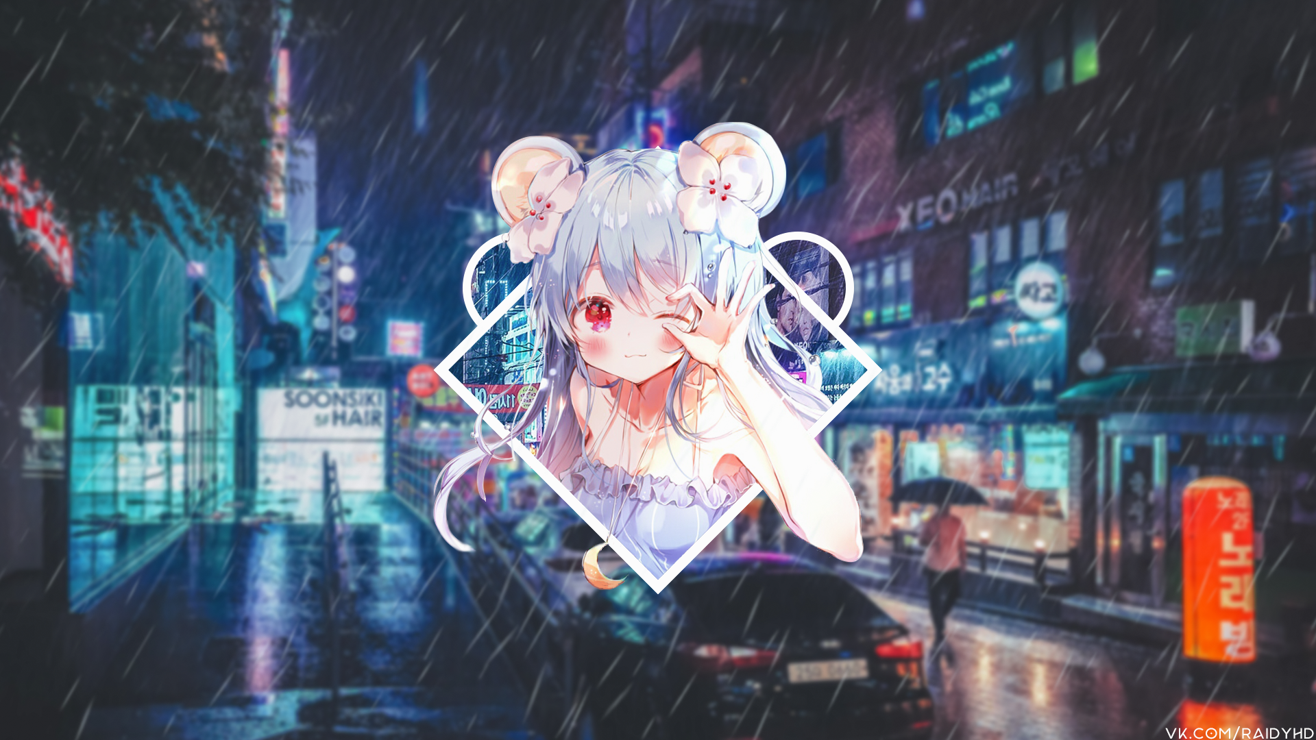 Wallpaper, photography, anime girls, picture in picture, road, South Korea, city, neon, lights, rain, cityscape 1920x1080