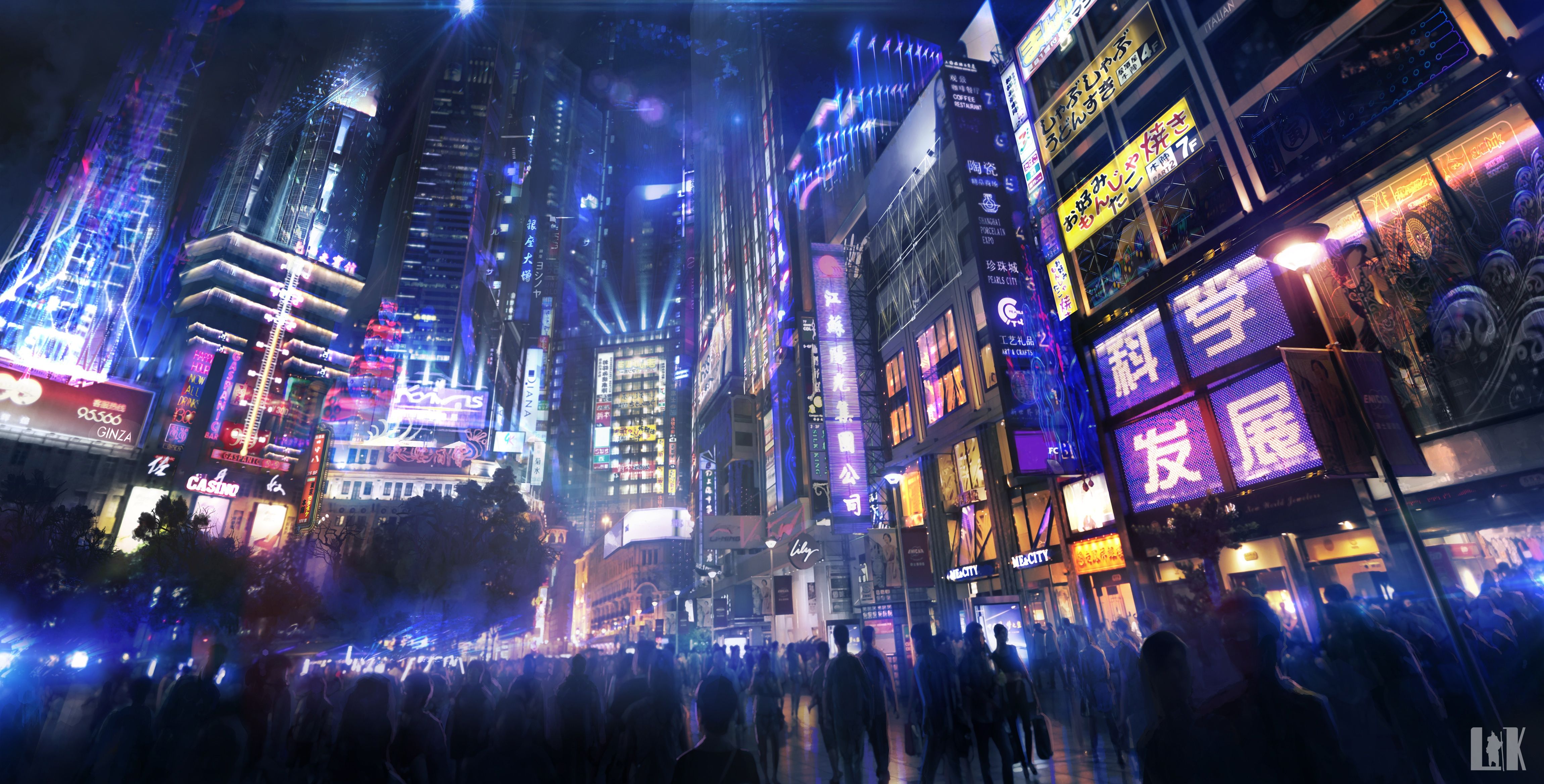 Anime Night City Neon Background