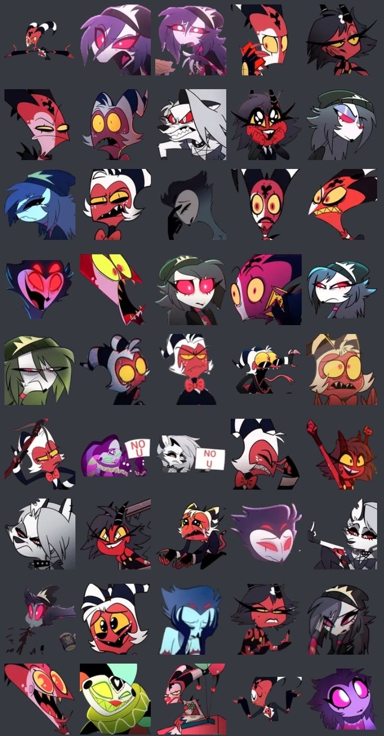 Helluva Boss Discord emotes. Help yourself to any you like! Having issues uploading the individual image and there's an animated one I couldn't fit in the screenshot too but can't post alongside