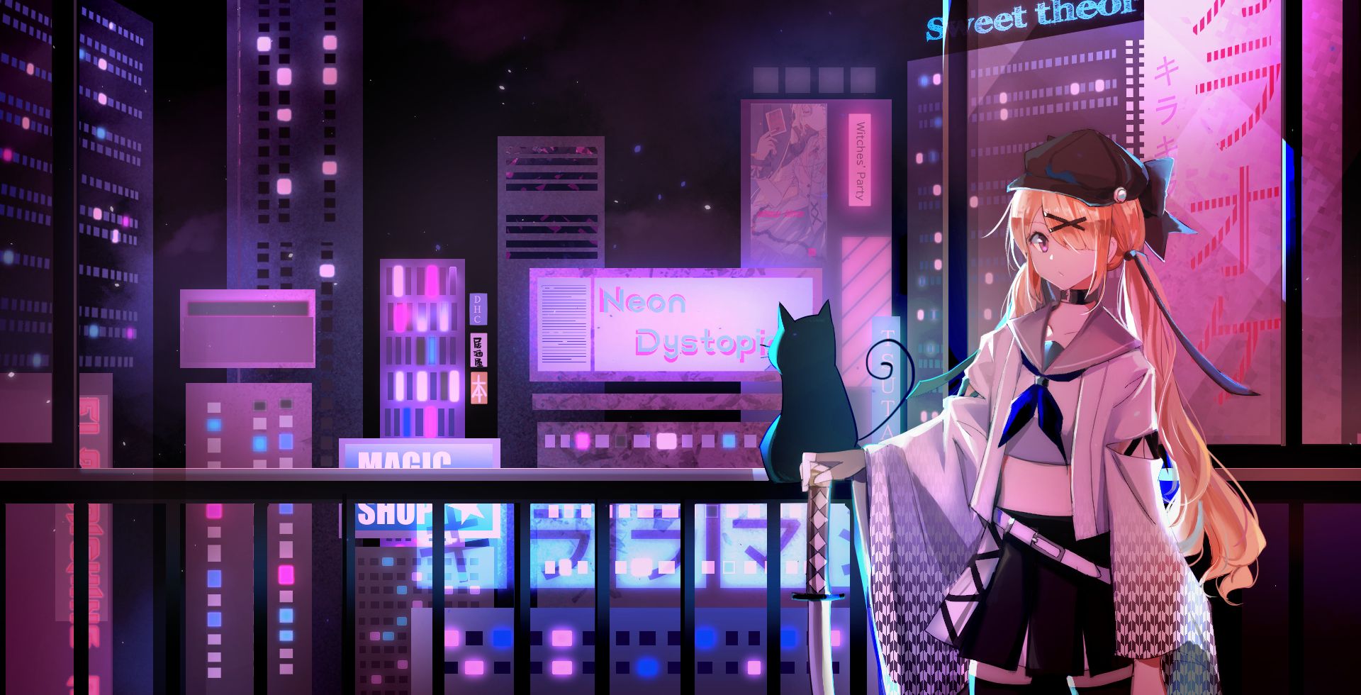 Wallpaper, anime girls, blonde, black cats, fence, night, city, neon 1920x980