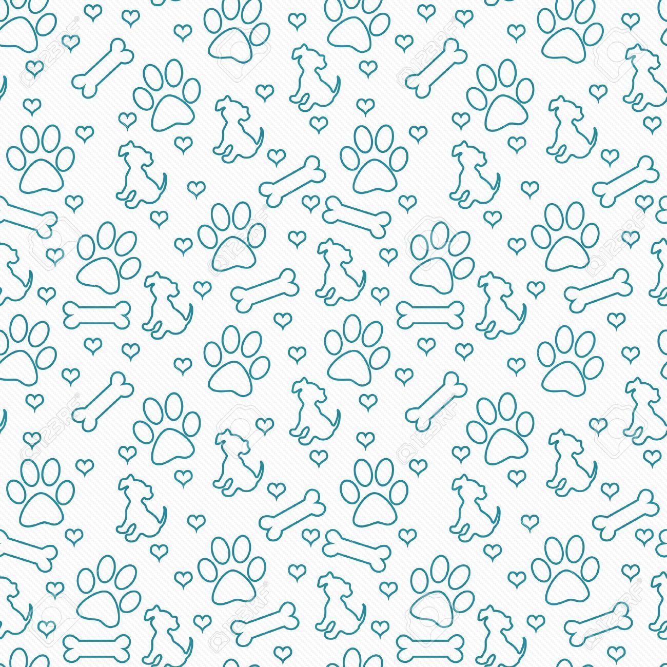 Teal And White Dog Paw Prints Puppy Bone And Hearts Tile Pattern. Paw print background, Paw wallpaper, Dog background