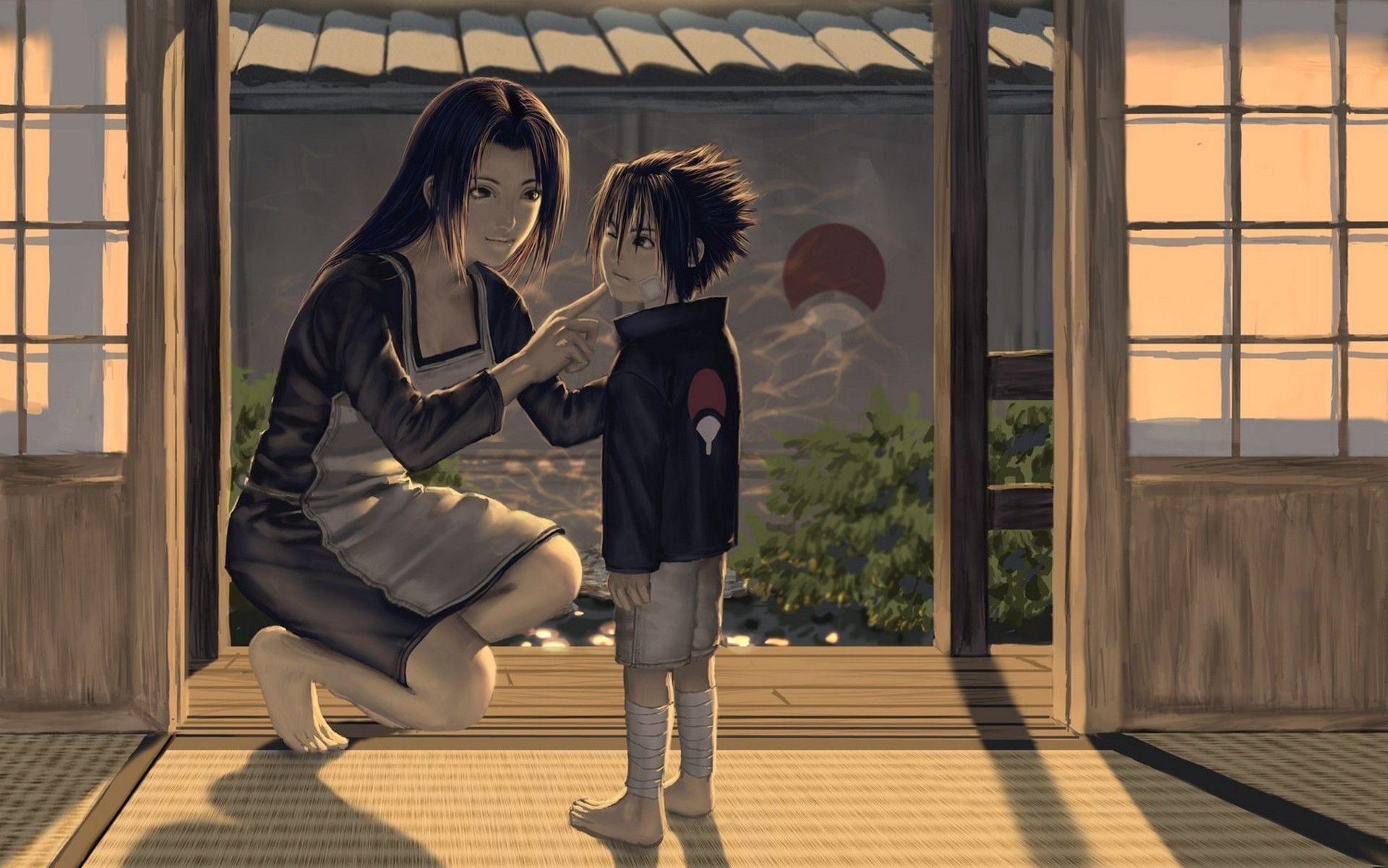 women, sunset, love, houses, Uchiha Sasuke, mother, artwork, anime, fan art, Uchiha Mikoto wallpaper