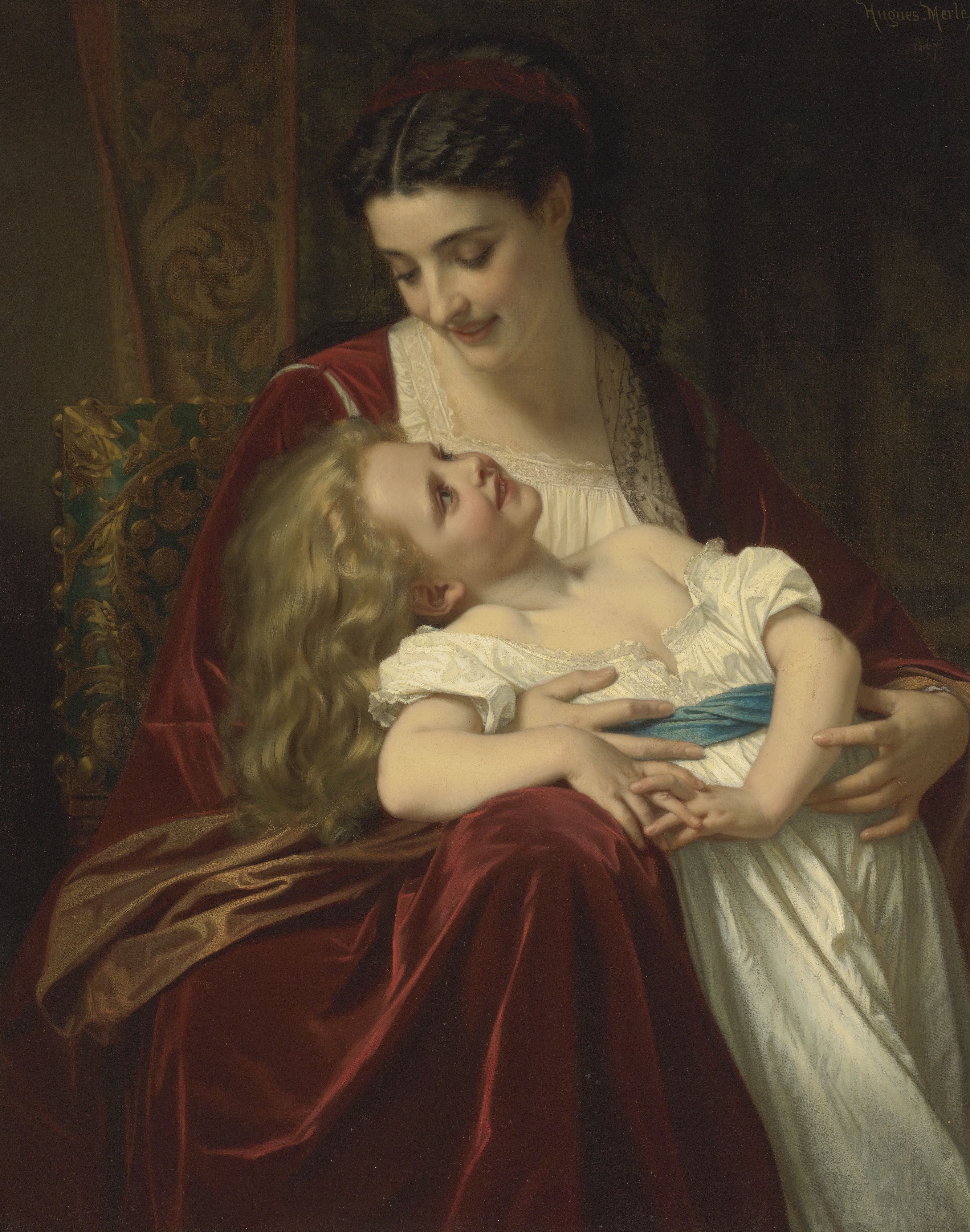 Maternal Affection Hugues Merle Classic Art Canvas Painting Women Children Mother Artwork Wallpaper:3148x4000