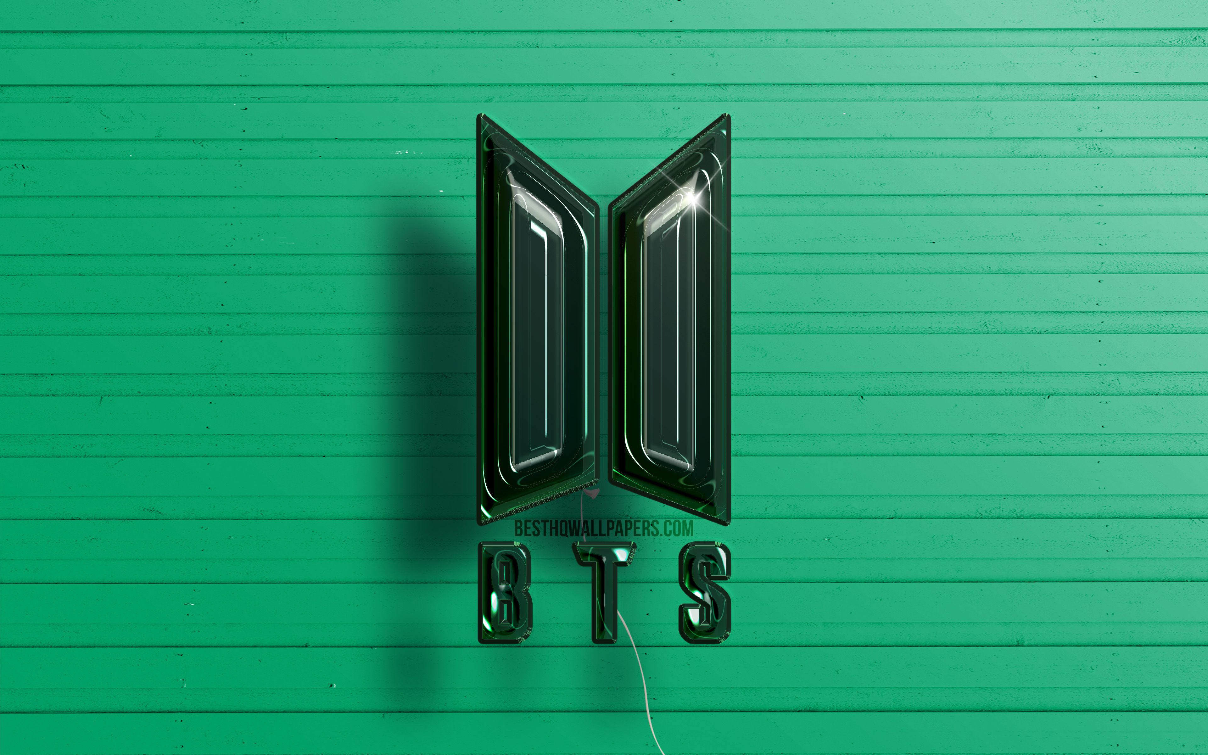 Download wallpaper BTS 3D logo, 4K, Bangtan Boys, dark green realistic balloons, BTS logo, Bangtan Boys logo, green wooden background, BTS for desktop with resolution 3840x2400. High Quality HD picture wallpaper