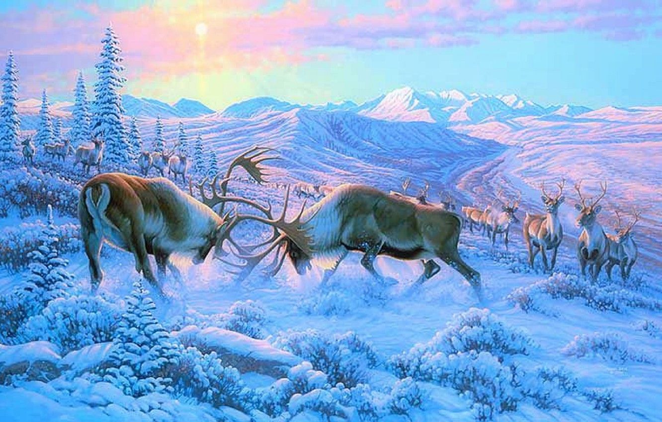Wallpaper winter, forest, animals, snow, mountains, fight, horns, deer, Painting, moose image for desktop, section живопись