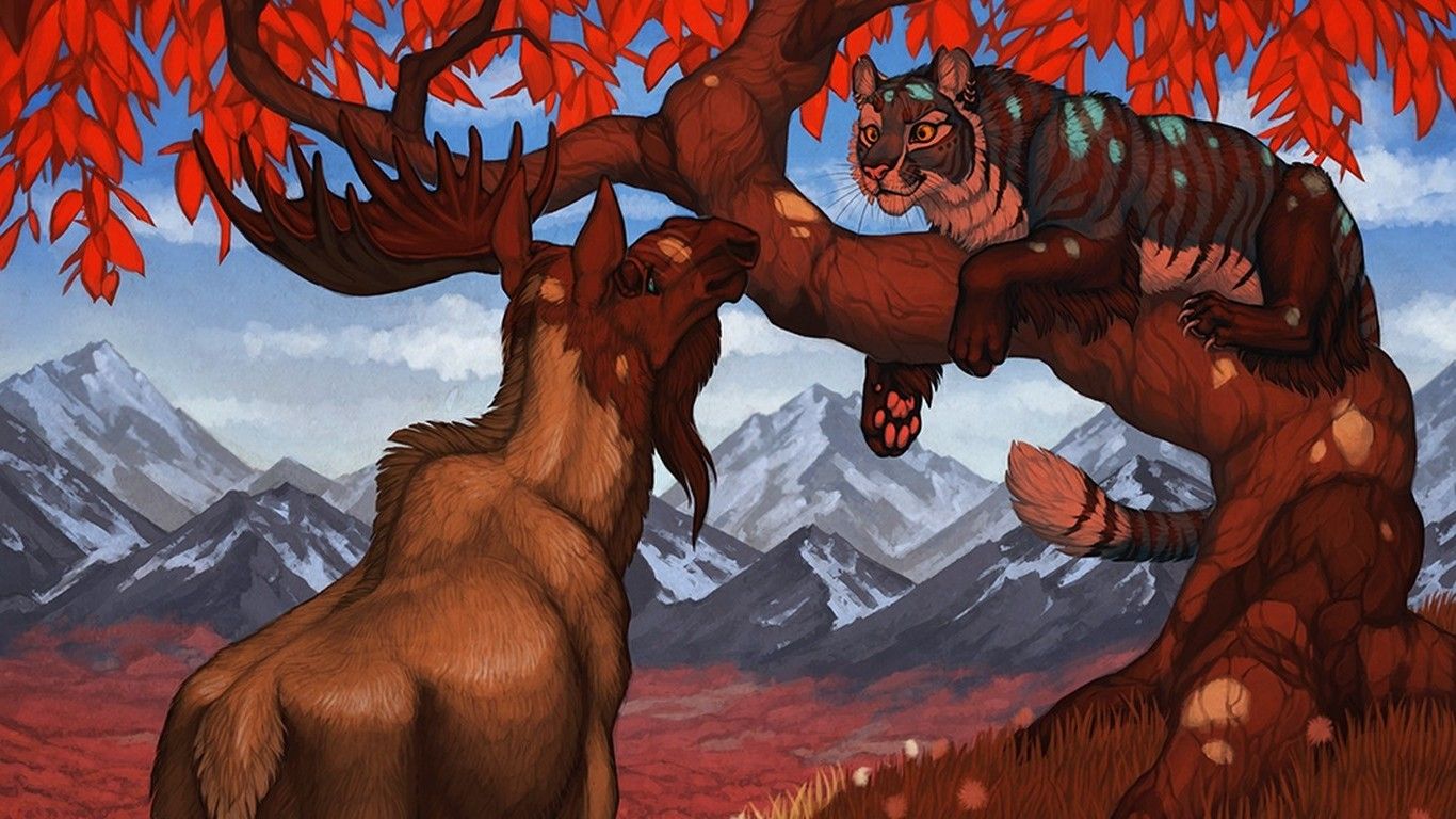 Wallpaper, illustration, animals, tiger, furry, comics, mythology, moose, mural, ART, screenshot, 1366x768 px 1366x768