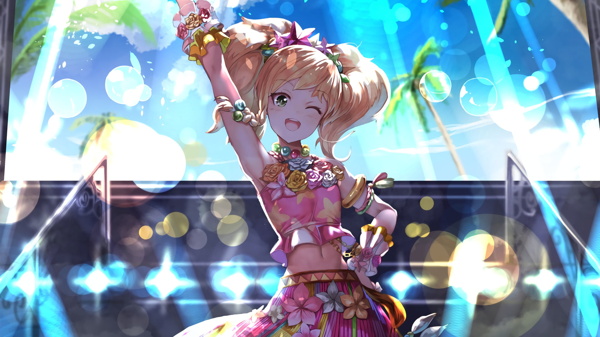 Anime Girls Pigtails Arms Up Blonde Green Eyes Open Mouth Wallpaper:1920x1080