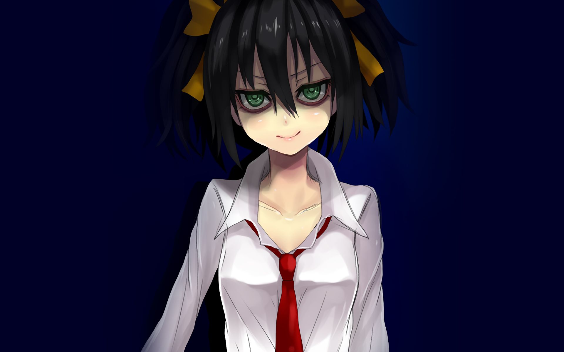 anime, White Clothing, Red Tie, Pigtails, Dark Hair, Green Eyes, Kuroki Tomoko, Simple Background Wallpaper HD / Desktop and Mobile Background