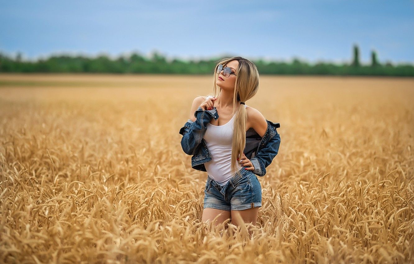 Wallpaper girl, cleavage, shorts, photo, photographer, model, blonde, white top, sunglasses, portrait, jacket, pigtails, tank top, depth of field, bare shoulders, jean shorts image for desktop, section девушки