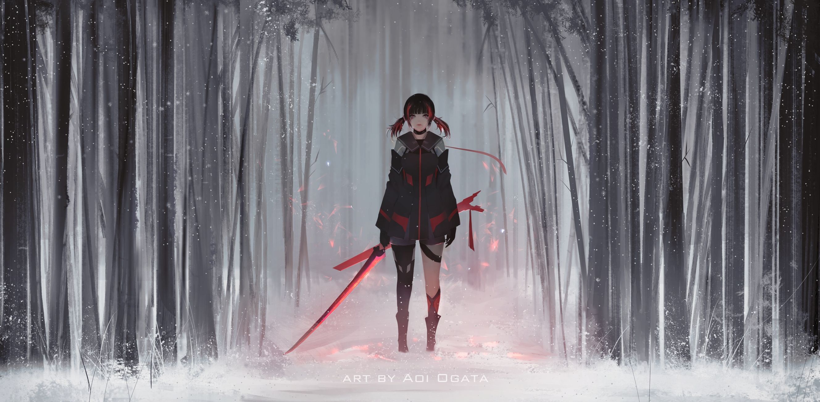 Anime Girls Original Characters Black Hair Pigtails Dyed Hair Women Looking At Viewer Standing Jacke Wallpaper:2657x1305