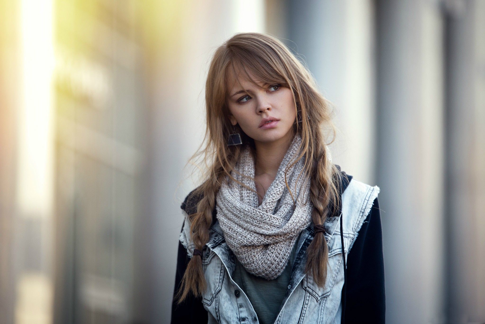 Anastasia Scheglova, blonde, scarf, pigtails, women, model, auburn hair wallpaper