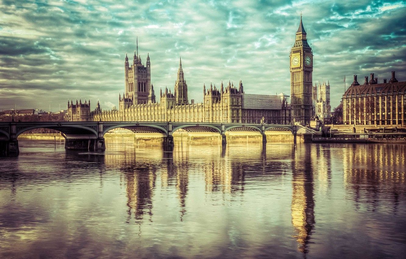 Wallpaper the sky, clouds, reflection, England, London, mirror, Big Ben, The Palace of Westminster, the river Thames, Westminster bridge, Westminster, Westminster Abbey, The great bell image for desktop, section город