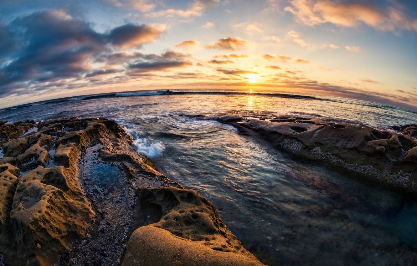 Wallpaper sunset, stones, coast, horizon, CA, Pacific Ocean, California, San Diego, The Pacific ocean, San Diego, La JOLLA, La Jolla image for desktop, section пейзажи