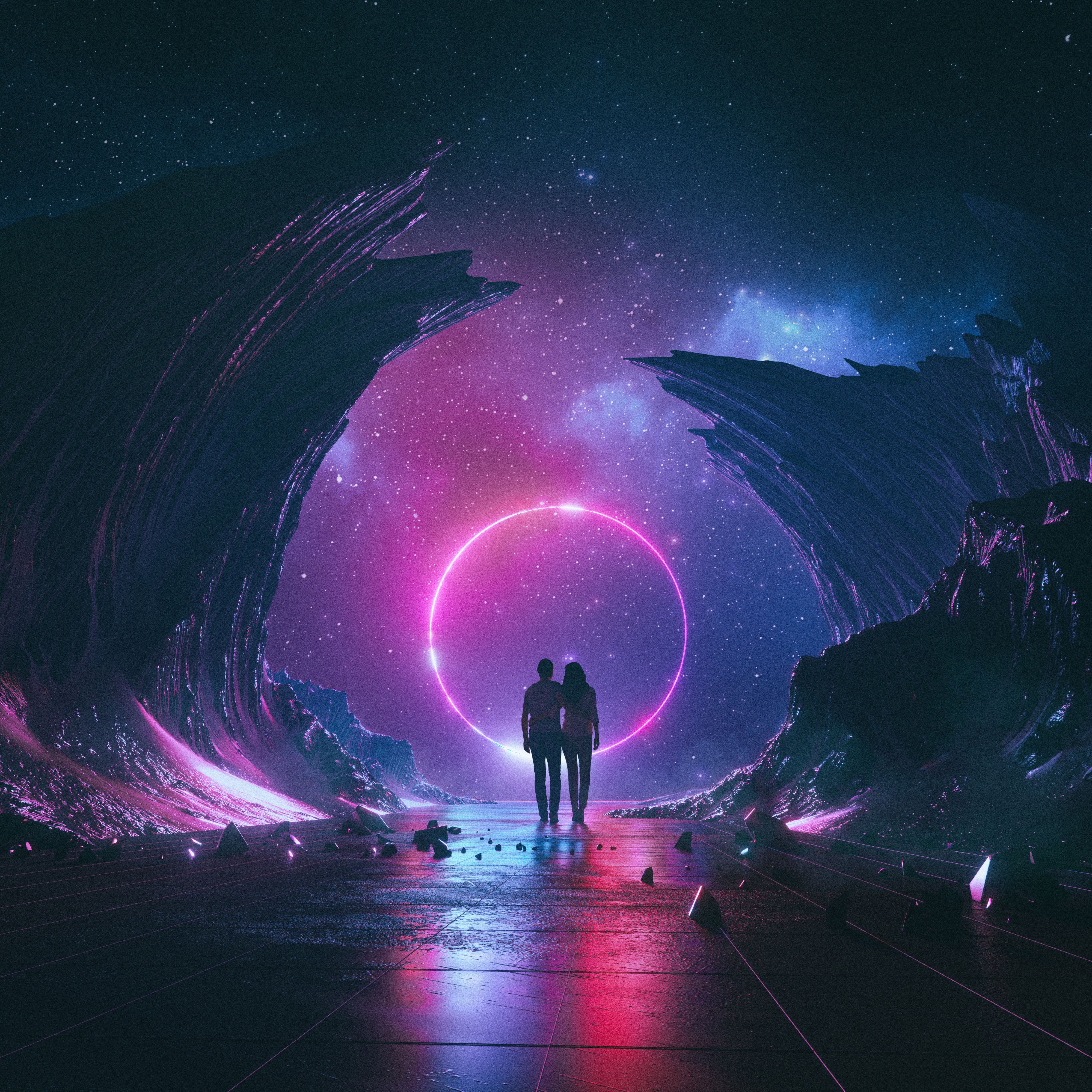 Couple Wallpaper 4K, Dream, Neon, Starry sky, Love