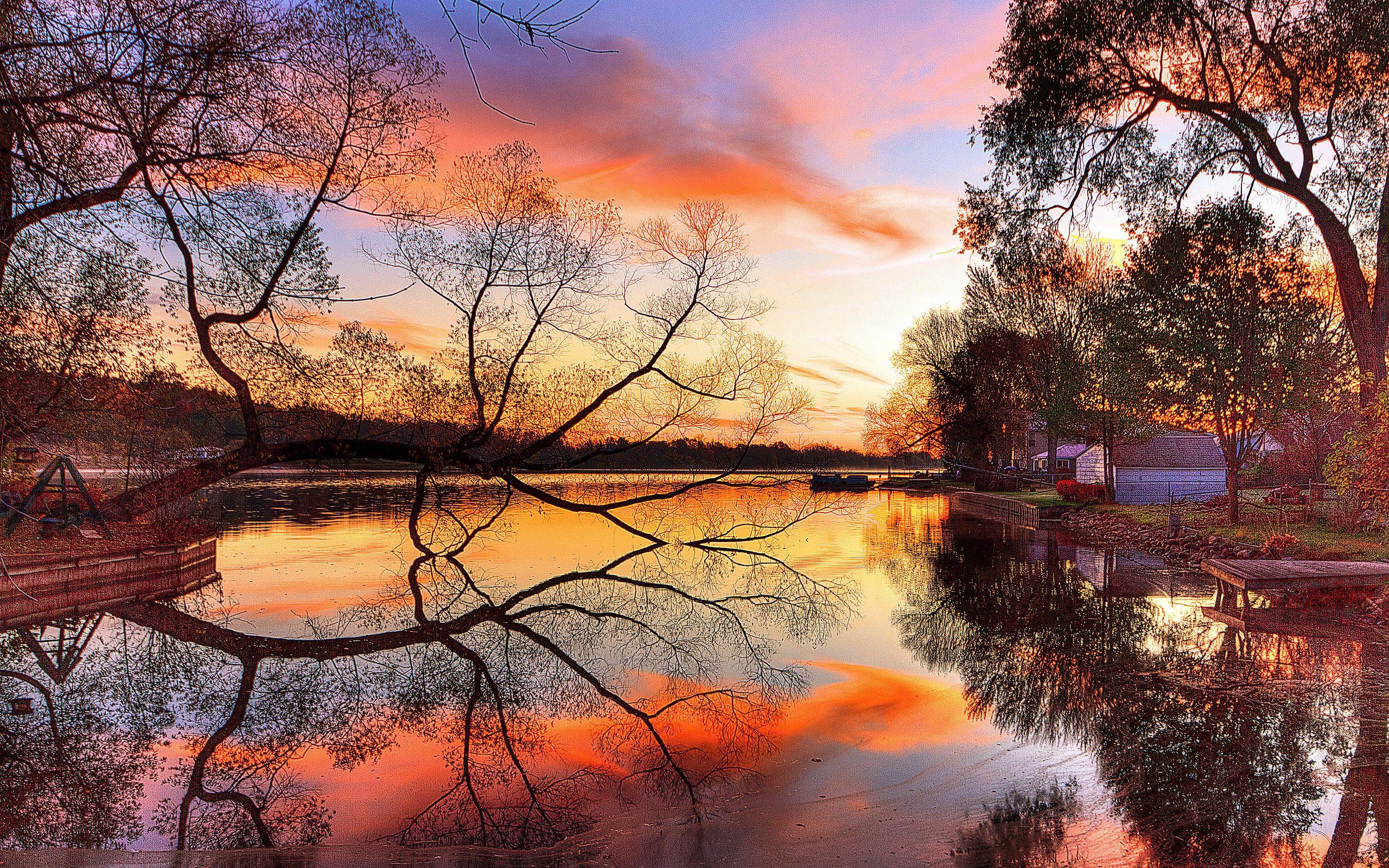 Spring sunset. Watch HD Landscape Wallpaper for your phone. Spring, trees, lake, water