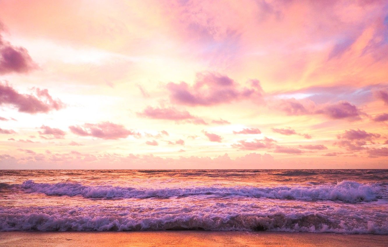 Wallpaper sea, wave, beach, summer, the sky, sunset, summer, beach, sky, sea, sunset, pink, seascape, wave, purple image for desktop, section пейзажи