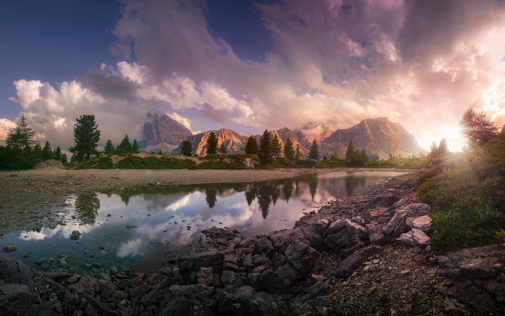lake, Sunset, Mountain, Clouds, Italy, Reflection, Nature, Trees, Sky, Landscape, Summer, Europe, Rock Wallpaper HD / Desktop and Mobile Background