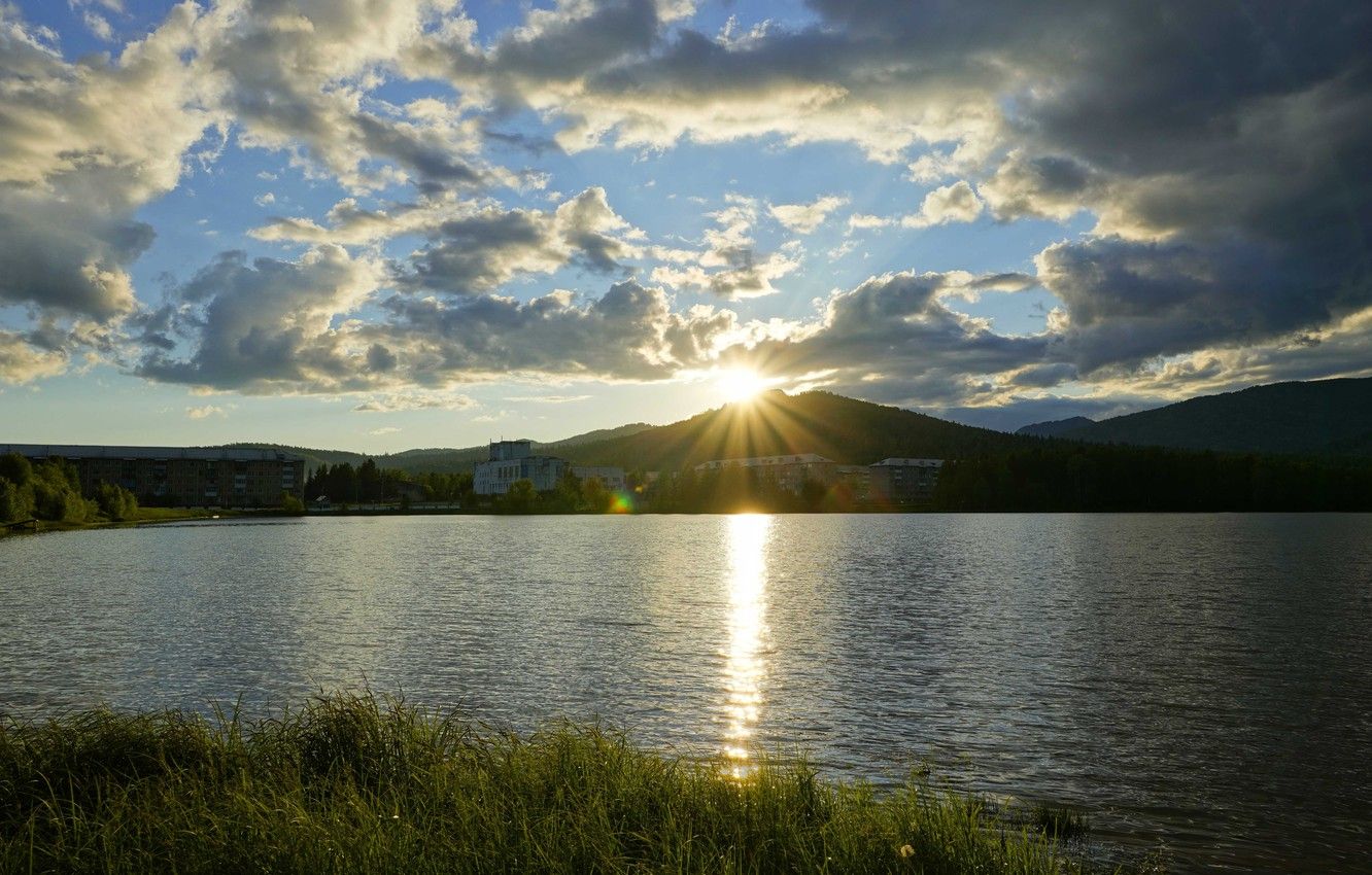 Wallpaper summer, sunset, lake, The village image for desktop, section пейзажи